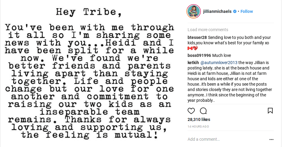 Michaels posted about her split with her nine-year-long partner Rhoades. (Instagram)