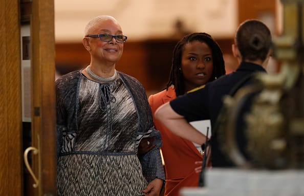 Camille Cosby leaves the courtroom during a break in the sexual assault trial of her husband. (Getty Images)