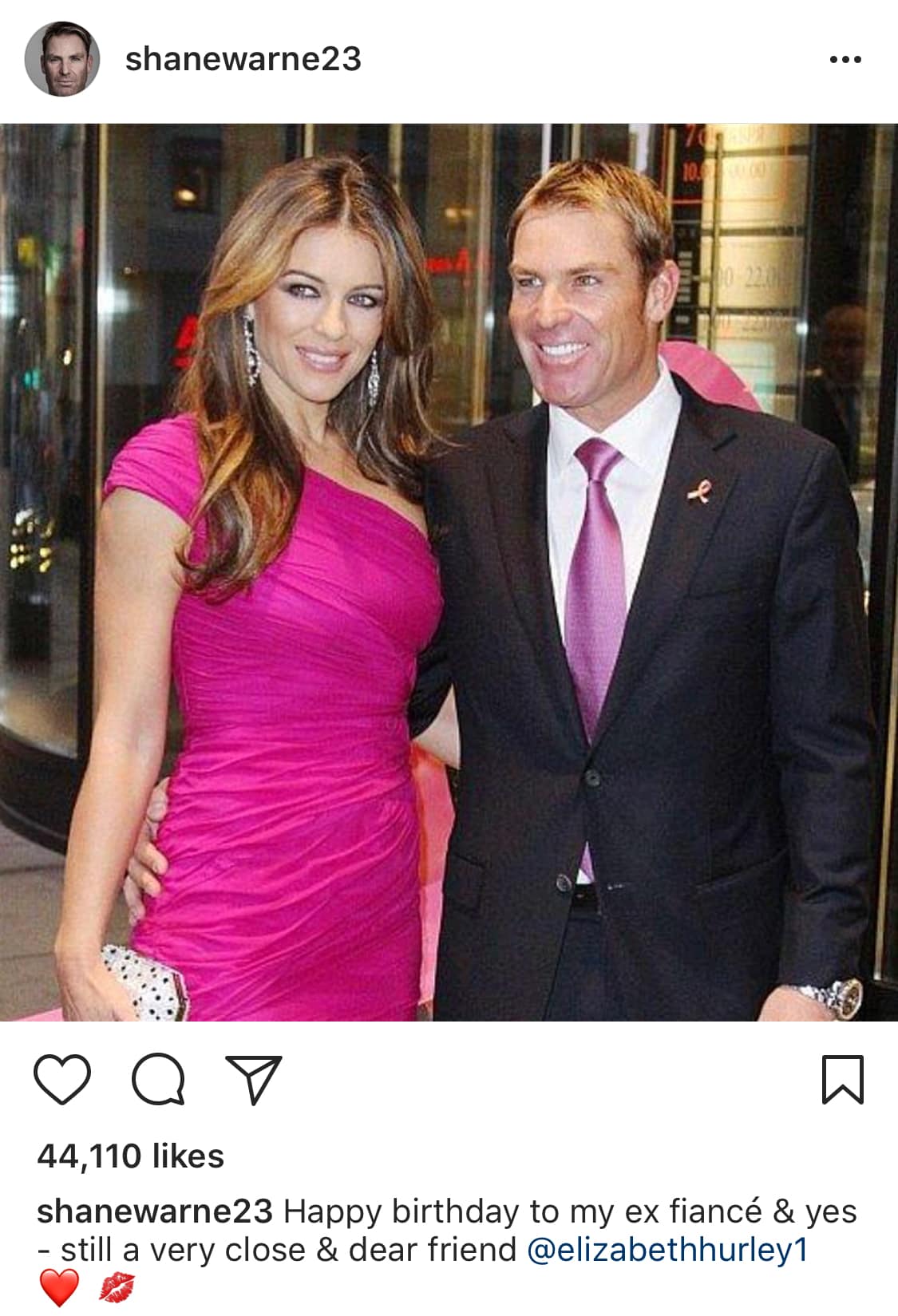 Shane Warne's birthday post for Elizabeth Hurley (Instagram)