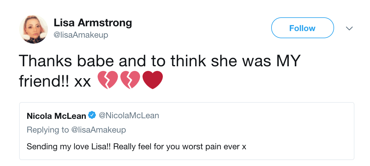 Lisa Armstrong's twitter conversation with Nicola McLean (Twitter)
