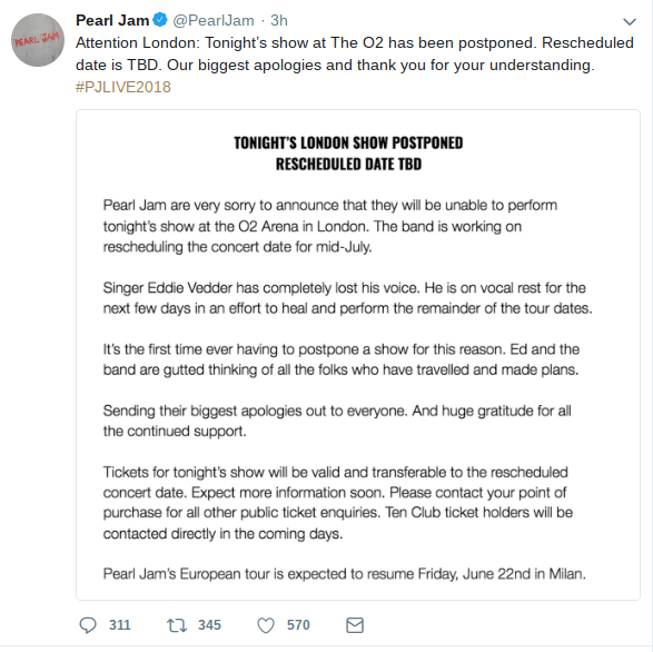 Pearl Jam cancels concert upon frontman's lost voice. (Twitter)