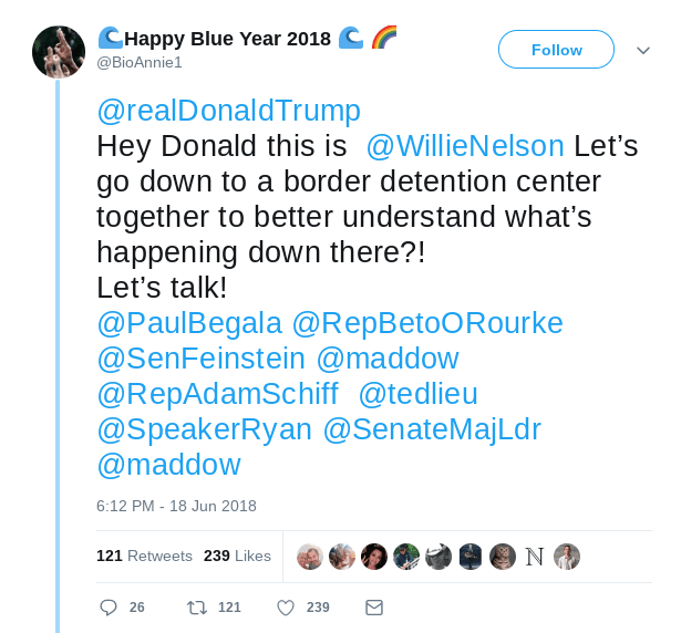 Nelson posted from his wife's account inviting Trump to visit the detention center (Twitter)