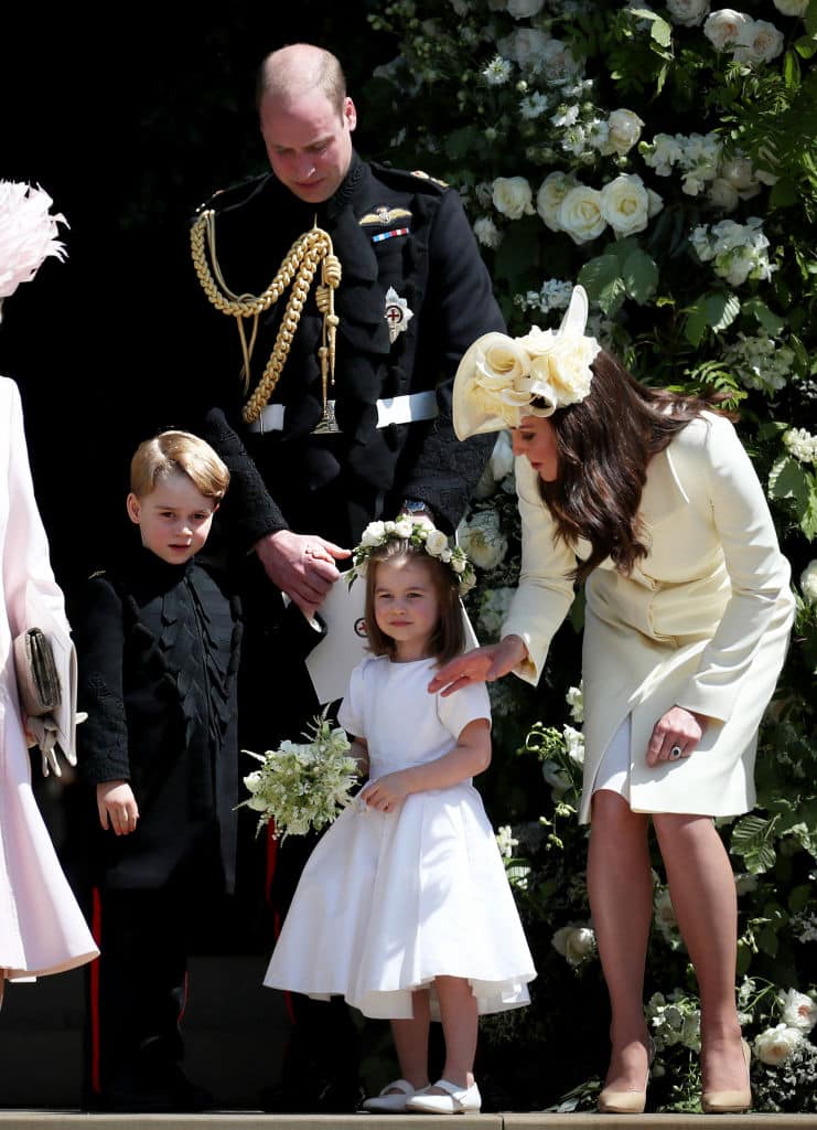 Prince George of Cambridge, Prince William, Duke of Cambridge, Princess Charlotte of Cambridge and Catherine, Duchess of Cambridge after the wedding of Prince Harry and Ms. Meghan Markle at St George's Chapel at Windsor Castle on May 19, 2018 in Windsor, England. (Photo by Jane Barlow - WPA Pool/Getty Images)