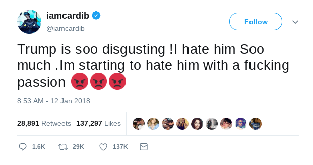 Cardi B took to Twitter to express her disgust against the President. (Twitter)