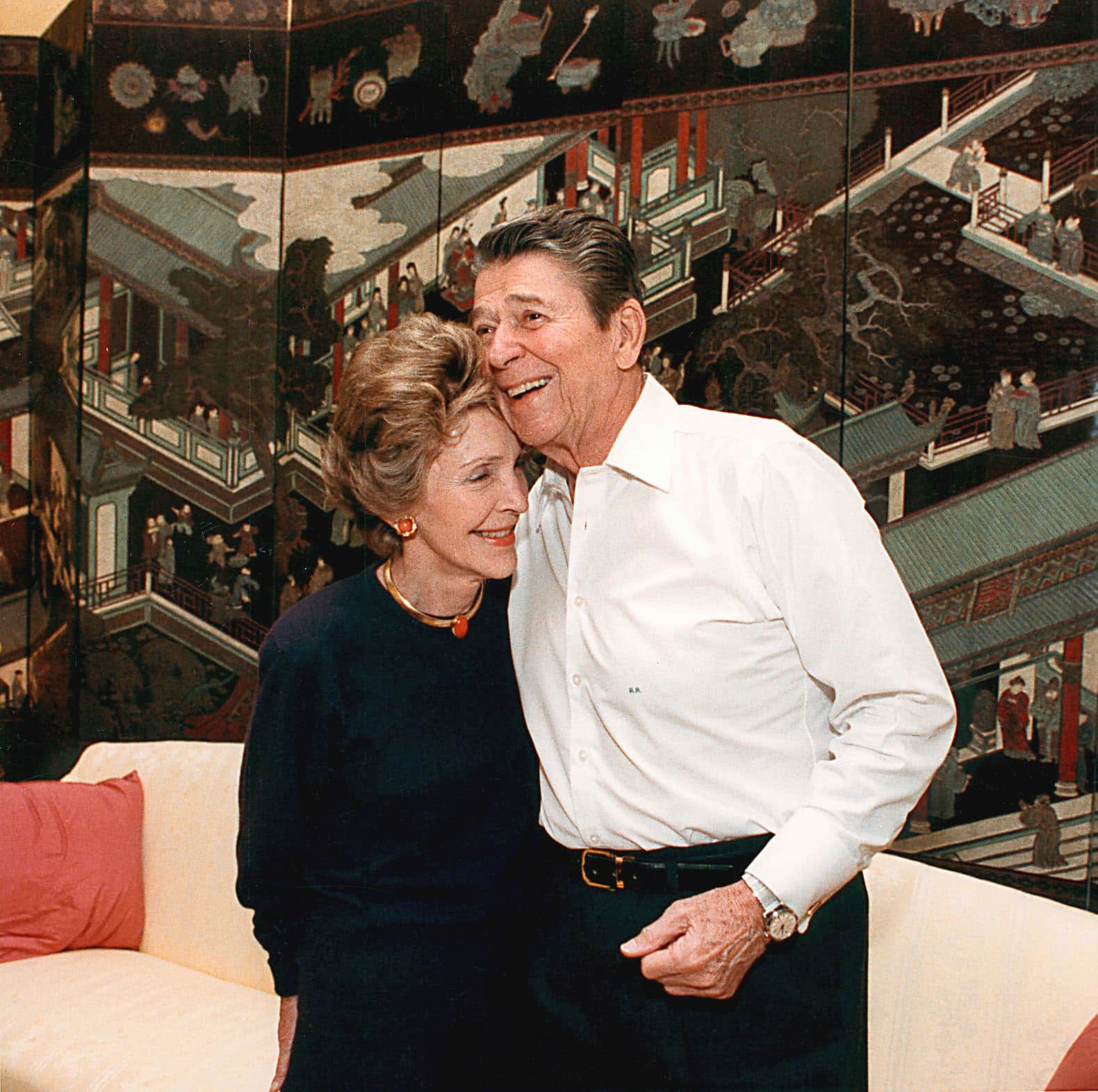 U.S. President Ronald Reagan and First Lady Nancy Reagan celebrate their 36th wedding anniversary March 4, 1988 at a surprise party at the White House. Former President Reagan turned 90 years-old February 6, 2001 at his home in California. (Photo by Mary-Anne Fackelman-Miner/White House/Newsmakers)