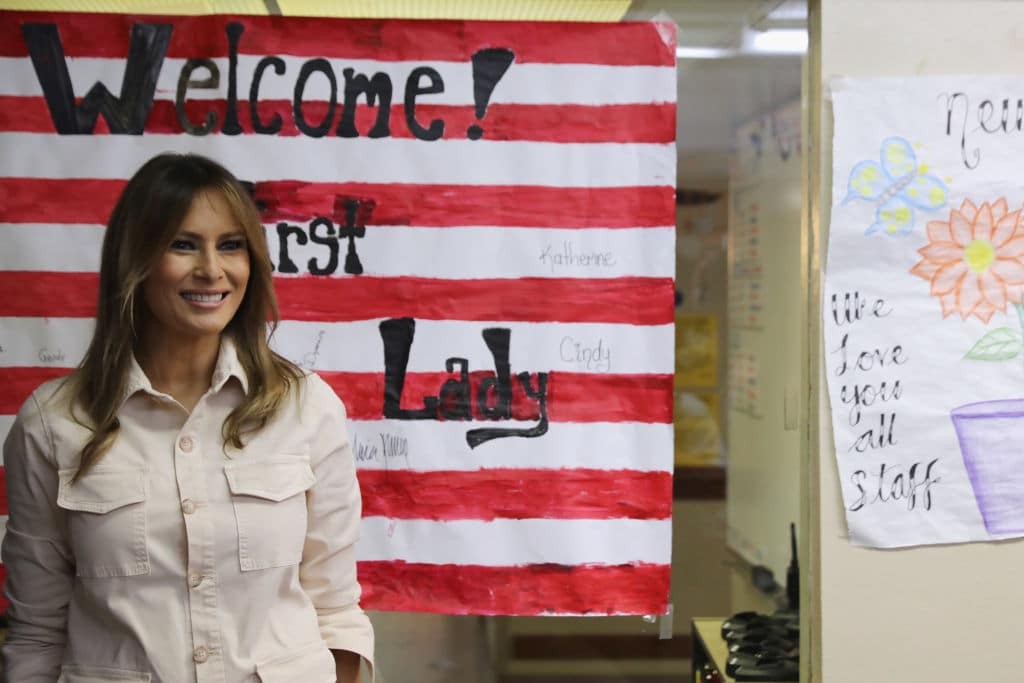 Melania Trump seen smiling after a roundtable discussion with doctors and social workers at the Upbring New Hope Children's Center on June 21, 2018, in McAllen, Texas. (Photo by Chip Somodevilla/Getty Images)