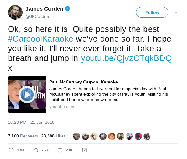 Corden took to Twitter to post about his Carpool Karaoke with McCartney. (Twitter)