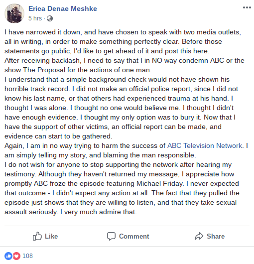 Meshke wrote about the assault in a longish Facebook post. (Facebook)