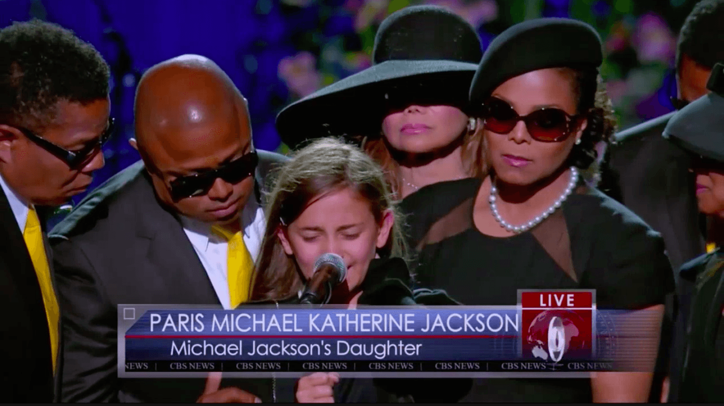 A still from the documentary shows Michael's daughter take the stage at his memorial service in Staples Center, L.A. (Image Source: A&E Networks)