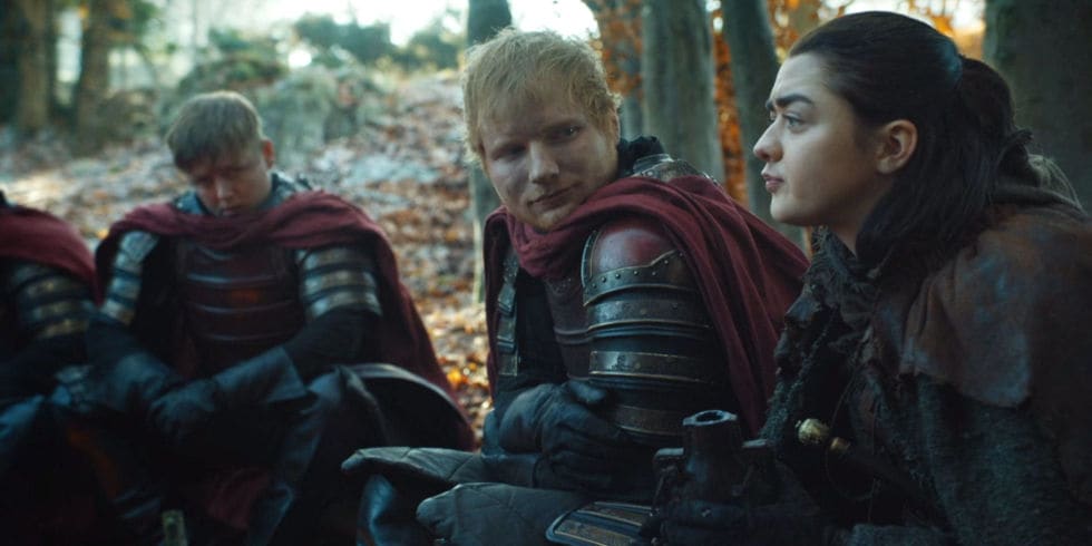 Not what you'd quite expect to see in a pre-medieval forest - Ed Sheeran's famous scene with Arya Stark (HBO)
