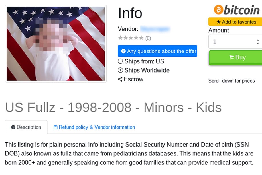 A listing for infants' personal data including Social Security Number and Date of Birth, also known as 'fullz', that came from pediatrician databases, according to healthcare security company Cynerio (Screenshot)