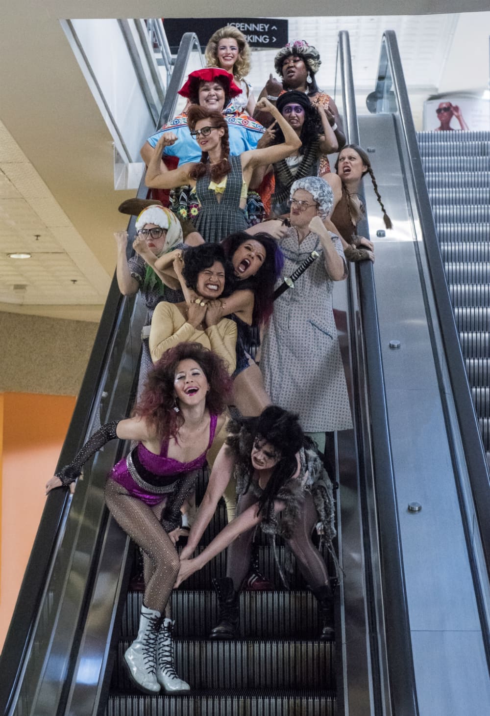Jackie Tohn, Gayle Rankin, Ellen Wong, Shakira Barrera, Kimmy Gatewood, Rebekka Johnson, Marianna Palka, Kate Nash, Britney Young, Sunita Mani, Betty Gilpin and Kia Stevens in a still from Season 2 of 'Glow' (Netflix)