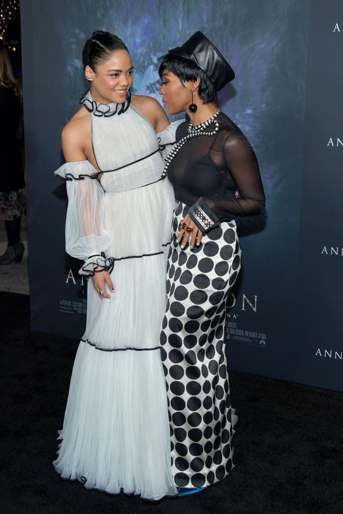Tessa Thompson (L) and Janelle Monae attend the premiere of Paramount Pictures' 'Annihilation' at Regency Village Theatre on February 13, 2018 in Westwood, California. (Photo by Neilson Barnard/Getty Images)