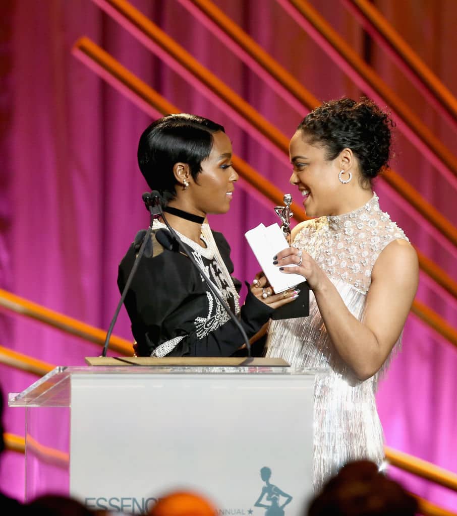 Janelle Monae (L) and Honoree Tessa Thompson speak onstage during the 2018 Essence Black Women In Hollywood Oscars Luncheon at Regent Beverly Wilshire Hotel on March 1, 2018 in Beverly Hills, California. (Photo by Rich Polk/Getty Images for Essence)