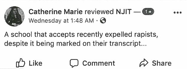 Reddington even left a review on NJIT's official Facebook page, on which she wrote: "A school that accepts recently expelled rapists, despite it being marked on their transcript..."(Screengrab)