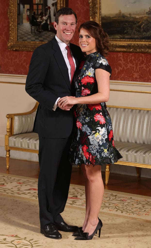 Princess Eugenie and Jack Brooksbank in the Picture Gallery at Buckingham Palace after they announced their engagement. (Photo by Jonathan Brady - WPA Pool/Getty Images)