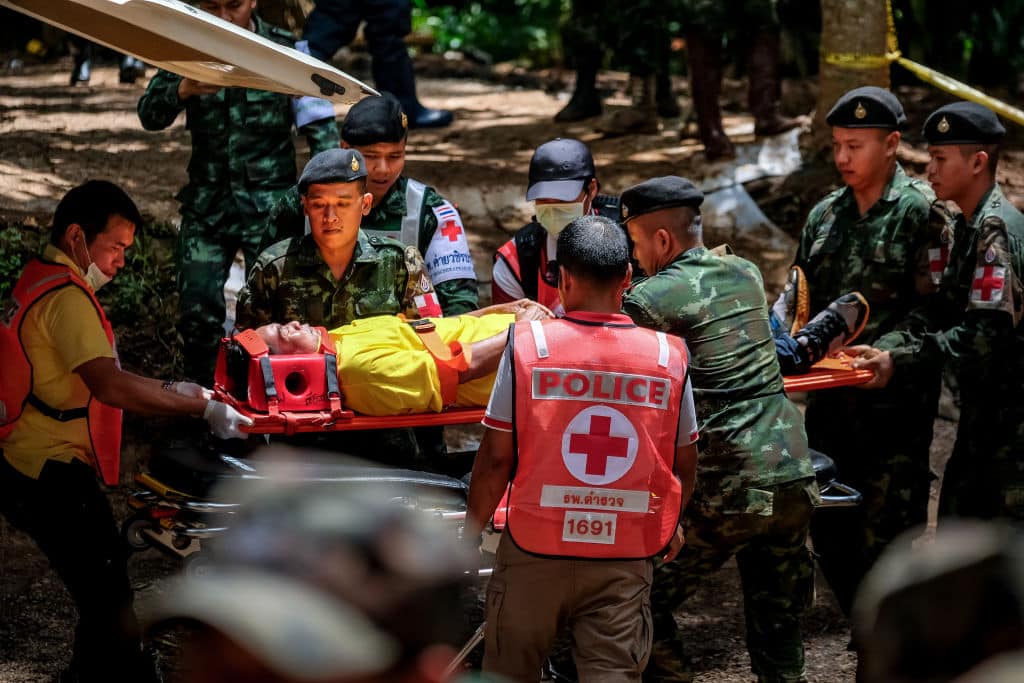Thai rescue workers practice medical training on an entrance of Tham Luang Nang Non cave on July 04, 2018 in Chiang Rai, Thailand. (Photo by Linh Pham/Getty Images)