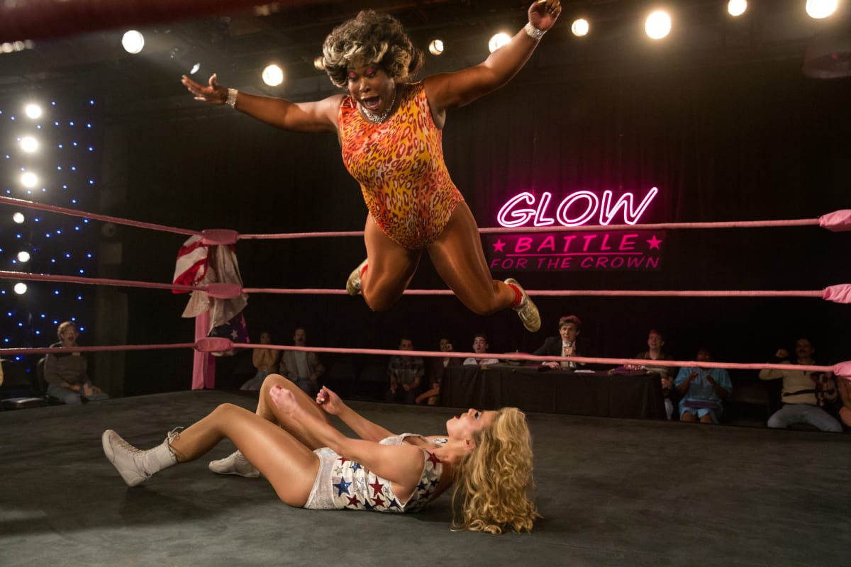 Kia Stevens as the Welfare Queen and Betty Gilpin as Liberty Belle from season 2 of 'GLOW' (Netflix)