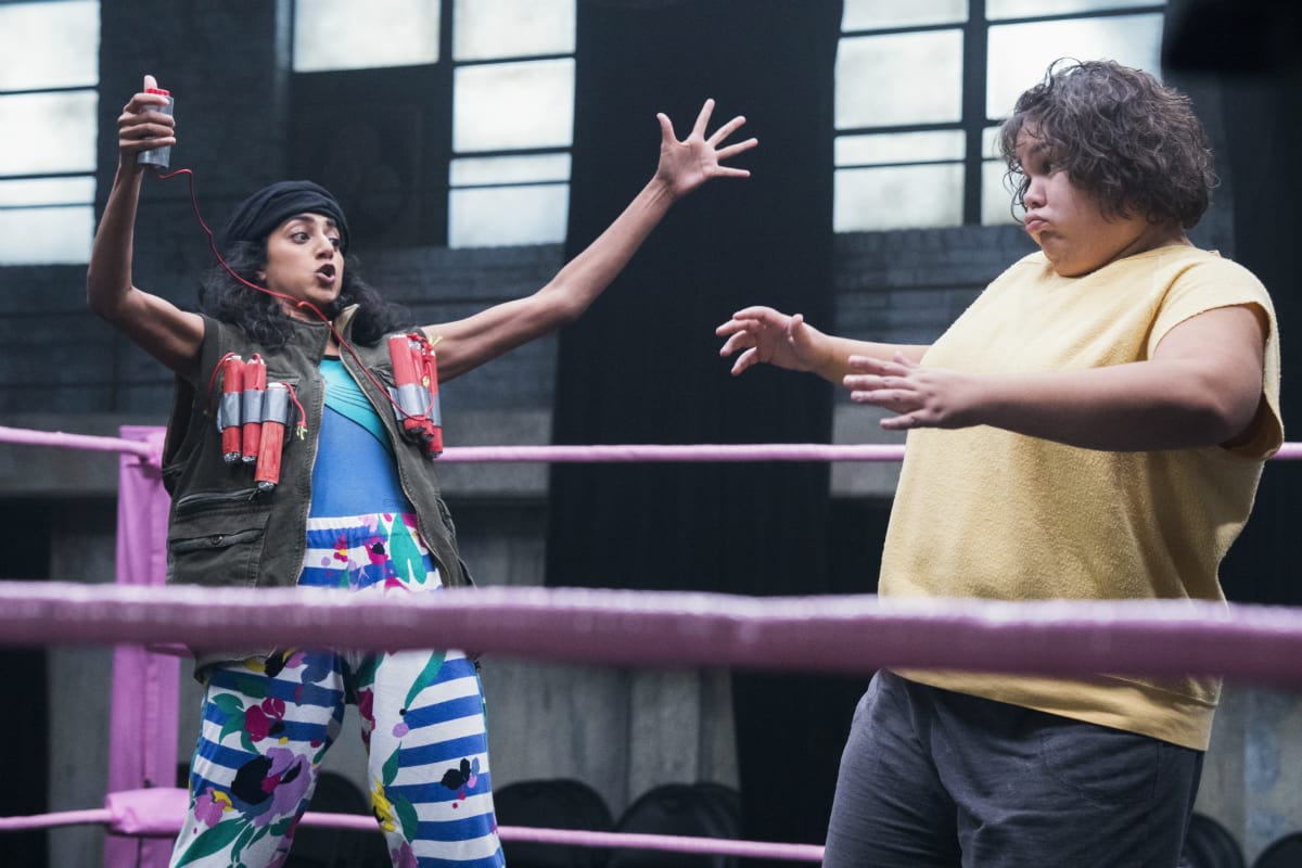 Sunita Mani as Beirut the Mad Bomber and Britney Young as Machu Picchu from season 2 of 'GLOW' (Netflix)