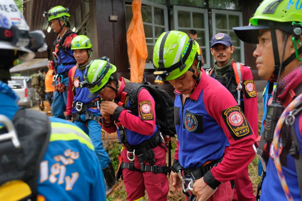 Rescuers prepare their equipment on the next attempt to enter the Tham Luang Nang Non cave on June 28, 2018 in Chiang Rai, Thailand. (Getty Images)
