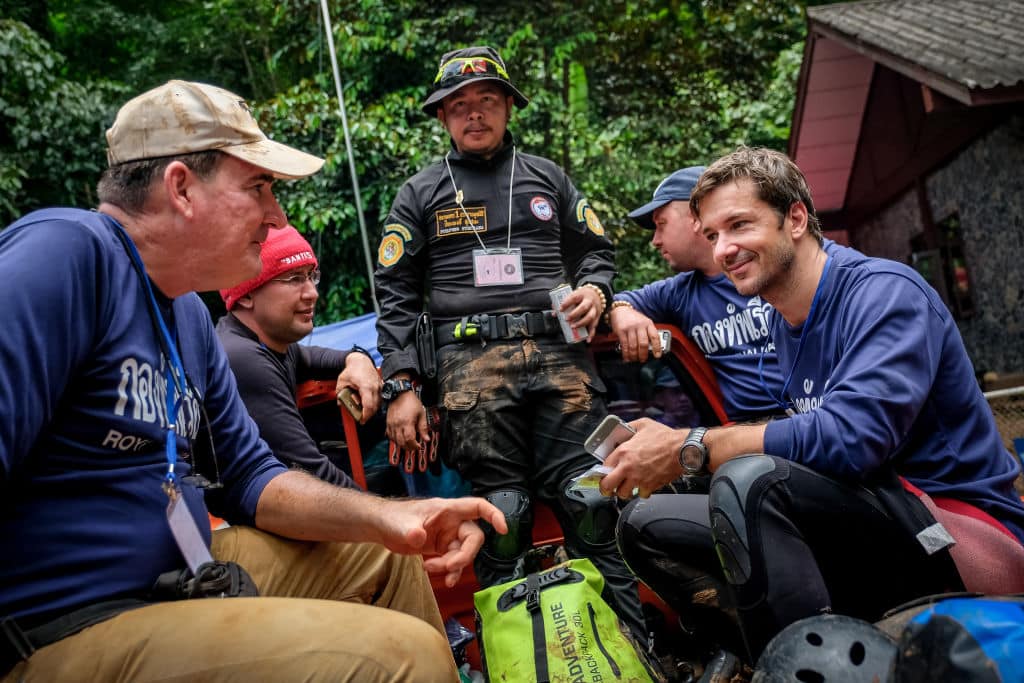 Foreign divers return from Tham Luang Nang Non cave on July 1, 2018 in Chiang Rai, Thailand. (Getty Images)
