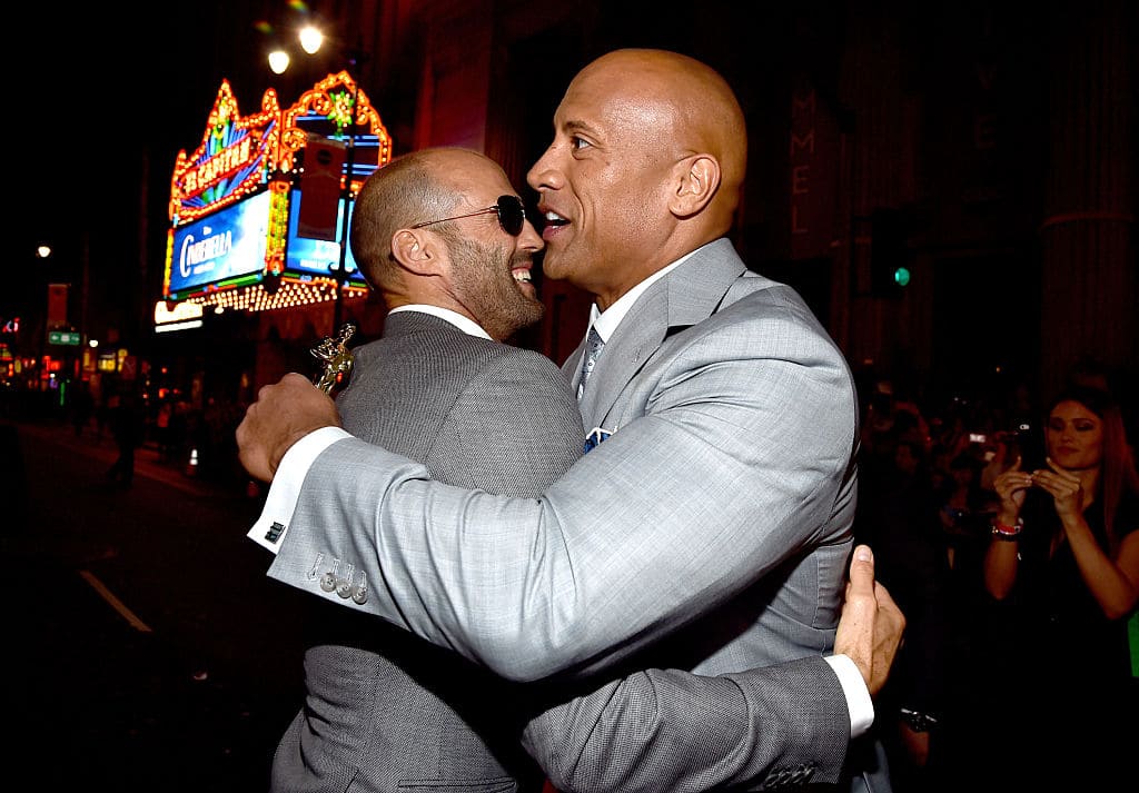 Actors Jason Statham (L) and Dwayne 'The Rock' Johnson attend Universal Pictures' 'Furious 7' premiere at TCL Chinese Theatre on April 1, 2015 in Hollywood, California. (Photo by Alberto E. Rodriguez/Getty Images)