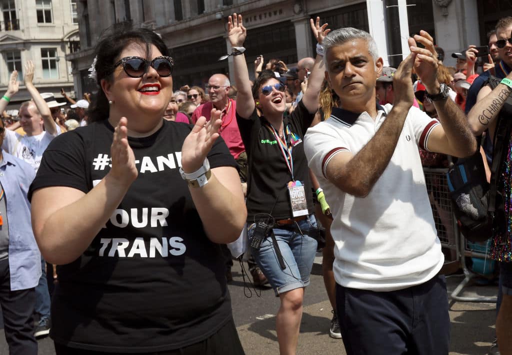 Mayor of London Sadiq Khan (R) with parade goers during the Pride In London parade on July 7, 2018, in London, England. (Photo by Tristan Fewings/Getty Images for Pride In London)