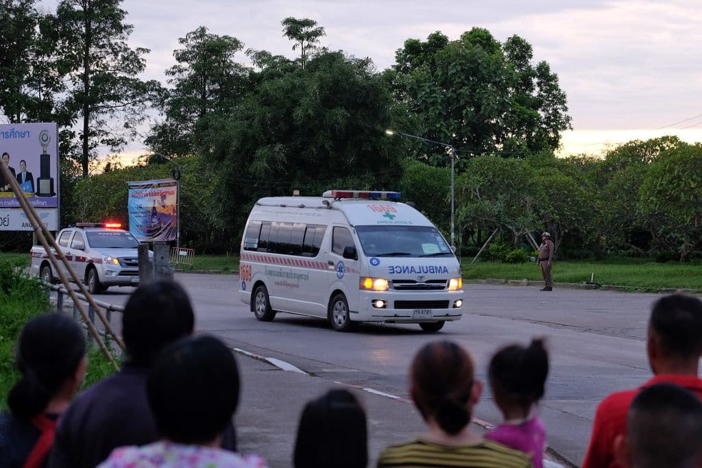 Ambulances transport boys rescued from Tham Luang cave from a helipad to Chiangrai Prachanukroh Hospital on July 10, 2018, in Chiang Rai, Thailand. (Photo by Lauren DeCicca/Getty Images)
