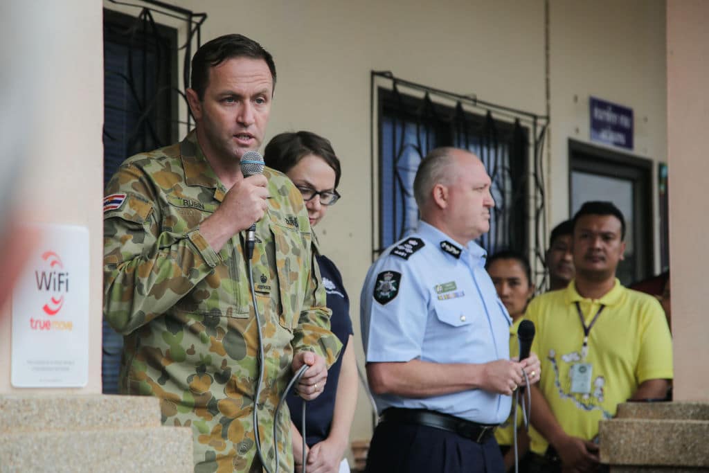 Australian Major Alex Rubin from the Australian defense force speaks to the press about Australia's involvement in the cave rescue at a press center near Tham Luang cave on July 11, 2018, in Chiang Rai, Thailand. (Photo by Lauren DeCicca/Getty Images)