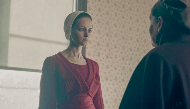 Alexis Bledel as Offred in The aHndmaid's Tale. Source: Twitter