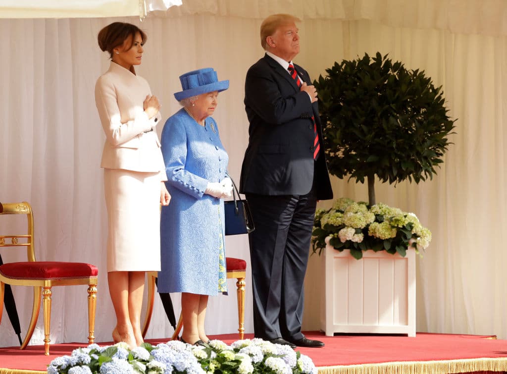 Queen Elizabeth II stands with President of the United States, Donald Trump and First Lady, Melania Trump for their national anthem at Windsor Castle on July 13, 2018 in Windsor, England. (Getty Images)