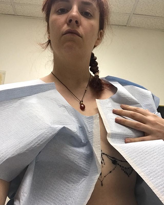 Dunham, 32, shared this hospital selfie to promote her battle with endometriosis. Source: Instagram