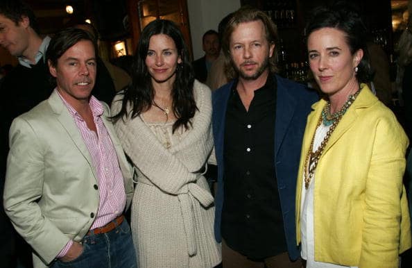 Andy Spade, Courteney Cox, David Spade and Kate Spade attend a gallery exhibition of photographer Slim Aarons' work curated by Kate Spade at Fred Segal Cafe on February 16, 2006 in Los Angeles, California. (Photo by Matthew Simmons/Getty Images)