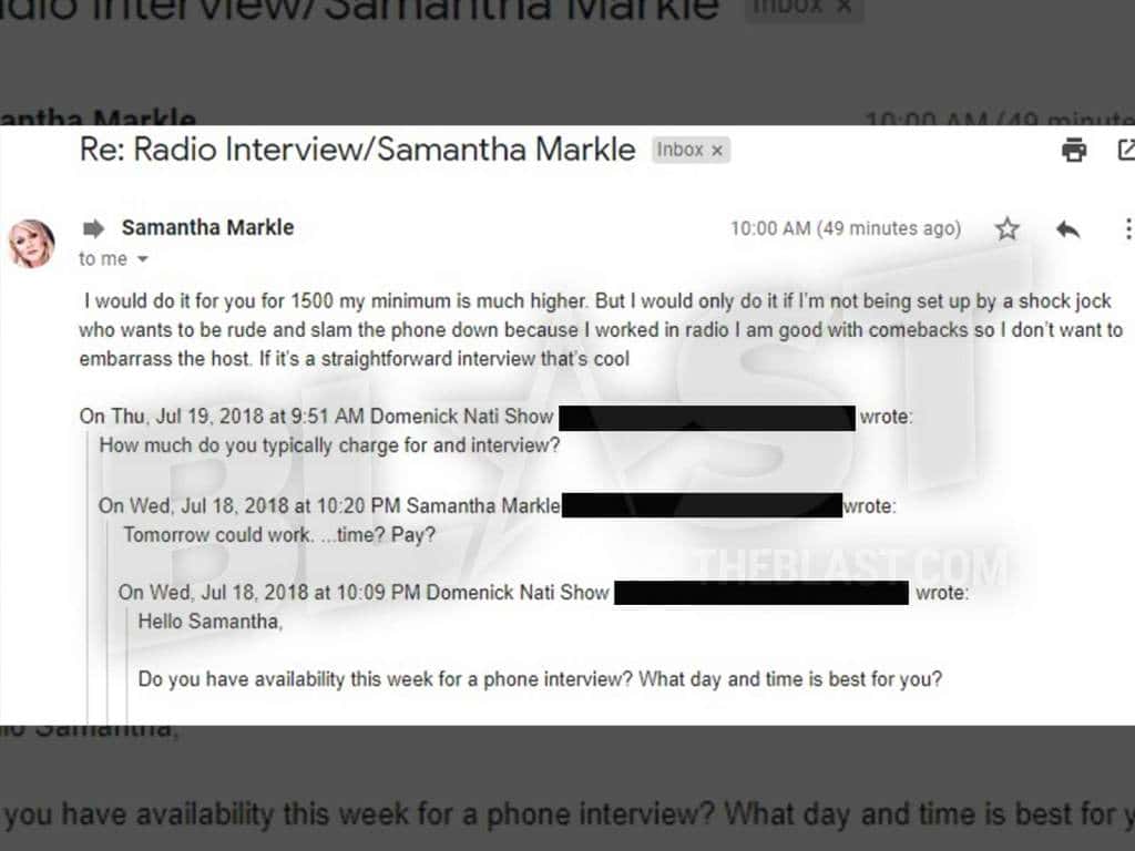 The email exchange between 'The Domenick Nati Show' and Samantha Markle (Source: The Blast)