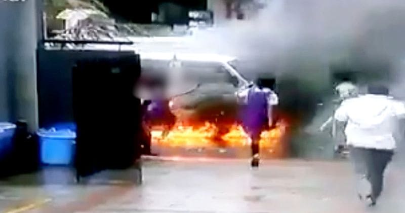 Watch: Narrow escape for children as school bus catches fire suddenly