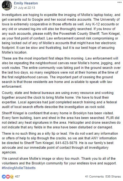 A post on the Finding Mollie Tibbetts Facebook page