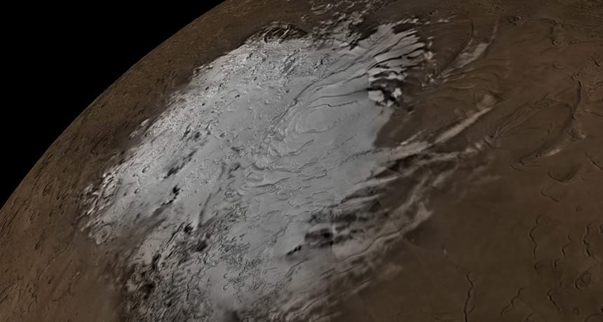 There may be a 20-kilometer-wide lake hidden under Mars’ southern polar ice sheets, shown here in images from Nasa’s Mars Orbiter Camera on the Mars Global Surveyor spacecraft. (Goddard Space Flight Center Scientific Visualization Studio Mars Orbiter Camera data/Nasa)