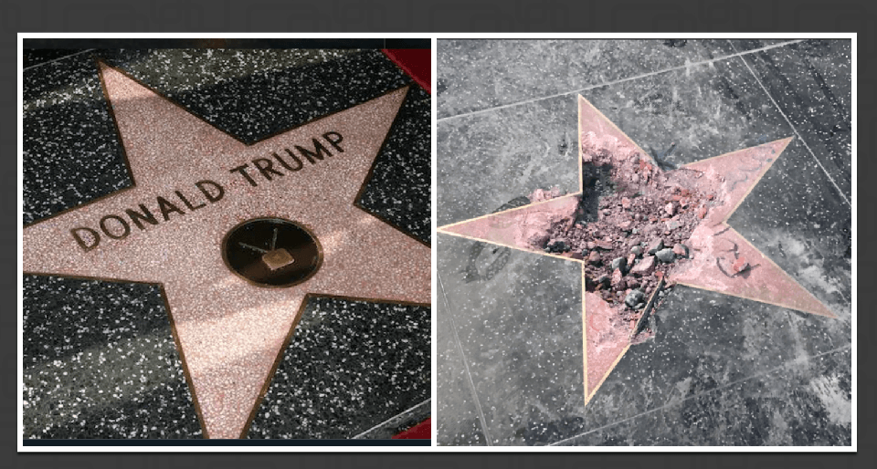 Donald Trump's Walk of Fame star (before) and the star after the vandalism (R)