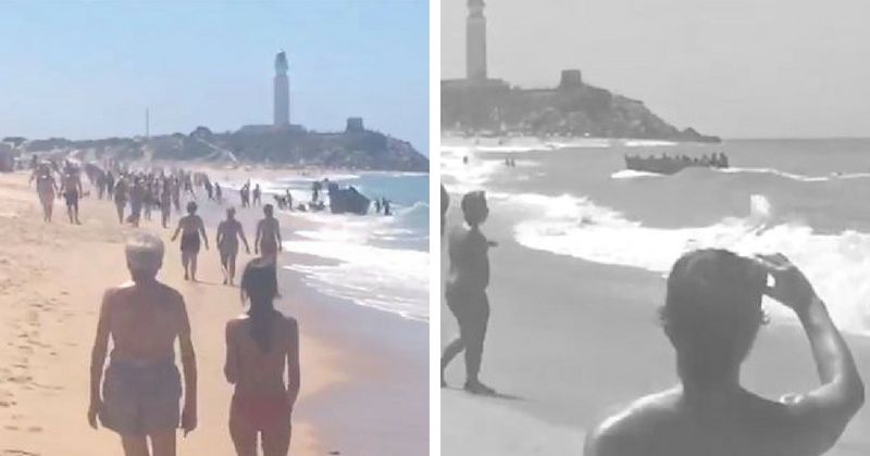 Shocking video footage shows migrants landing on packed Spanish beach and ask naked sunbathers for water