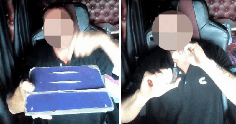 Truck driver films himself snorting, smoking suspicious white powder behind the wheel of 65-tonne rig
