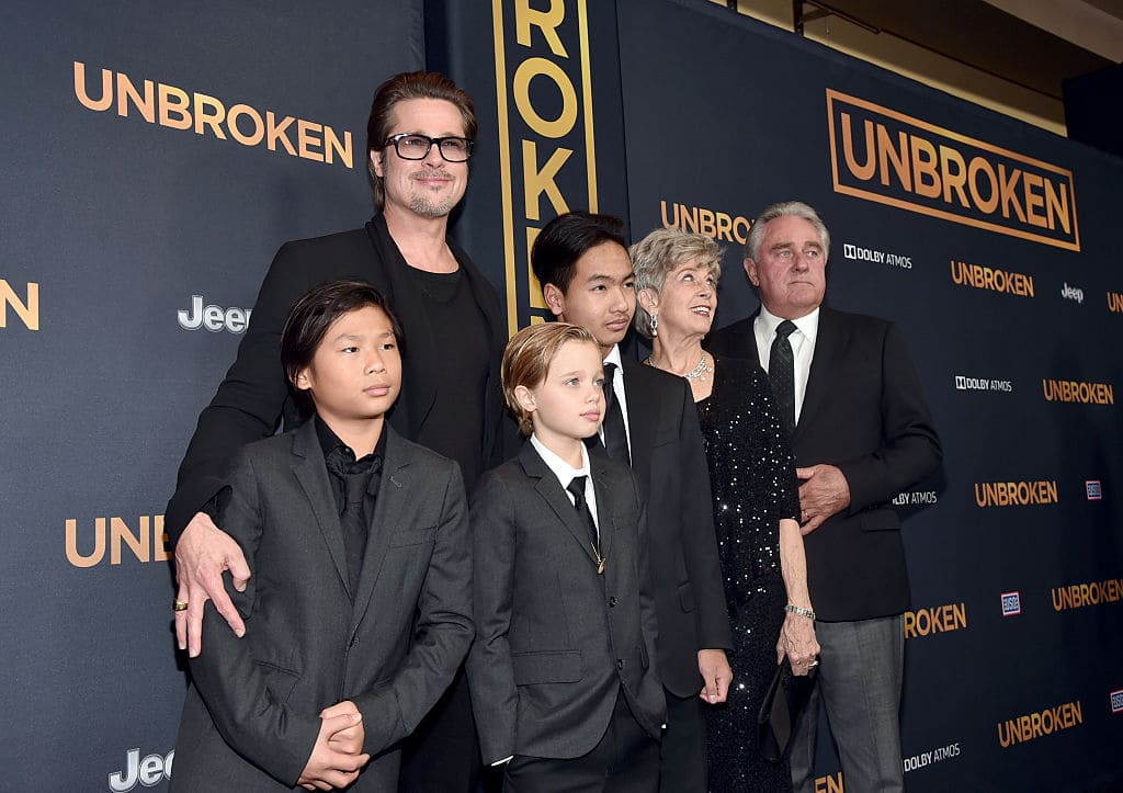 Brad Pitt (C), (L-R) Pax Thien Jolie-Pitt, Shiloh Nouvel Jolie-Pitt,, Maddox Jolie-Pitt, Jane Pitt, and William Pitt attend the premiere of Universal Studios' 'Unbroken' at TCL Chinese Theatre on December 15, 2014 in Hollywood, California. (Photo by Alberto E. Rodriguez/Getty Images)