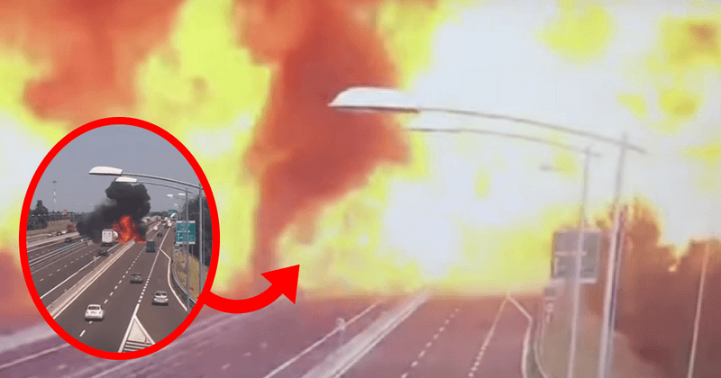 VIDEO: Watch the shocking moment a gas tanker plows into stranded truck on a freeway and explodes in a HUGE FIREBALL