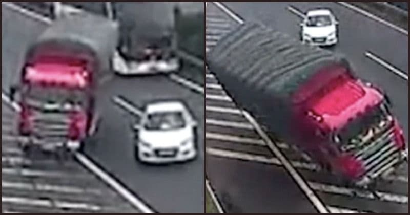 Watch: Reckless but extremely lucky driver leaves a trail of destruction trying to exit highway