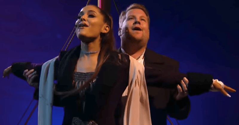 Watch Ariana Grande and James Corden recreate ‘Titanic’ with songs from Foo Fighters, Ed Sheeran, Rick Astley, Celine Dion and more