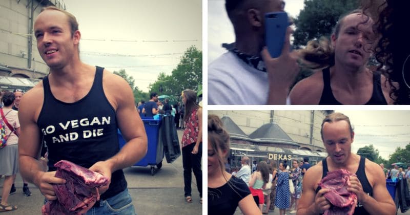 Blood Lust: Man protests vegan food festival by eating RAW MEAT at venue, and people are not happy