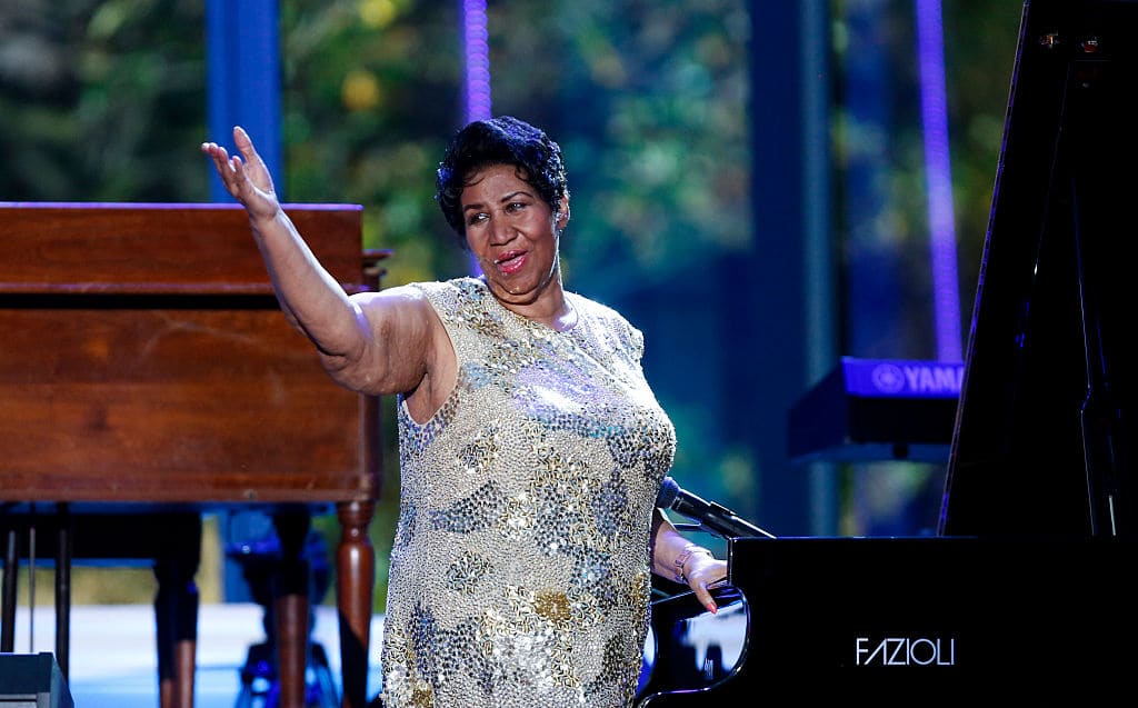 Aretha Franklin waves after her performance at the International Jazz Day Concert on the South Lawn of the White House on April 29, 2016 in Washington, DC. The event was presented by actor Morgan Freeman and included remarks by President bama. (Photo by Aude Guerrucci-Pool/Getty Images)