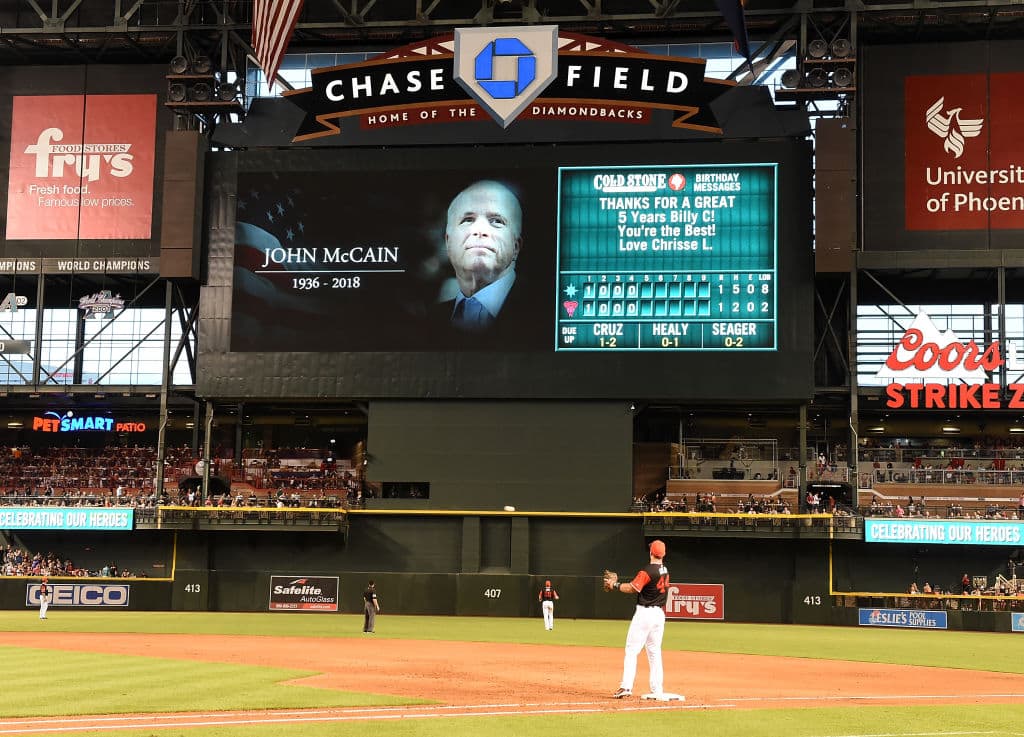 The Arizona Diamondbacks paid tribute to the late US Senator John McCain during a game against the Seattle Mariners at Chase Field on August 25, 2018 in Phoenix, Arizona. All players across MLB will wear nicknames on their backs as well as colorful, non-traditional uniforms featuring alternate designs inspired by youth-league uniforms during Players Weekend. (Photo by Norm Hall/Getty Images)