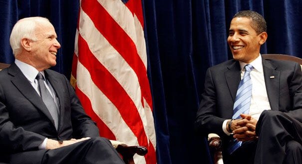 Senator John McCain and former president Barrack Obama share a candid moment. (Image source: Twitter)