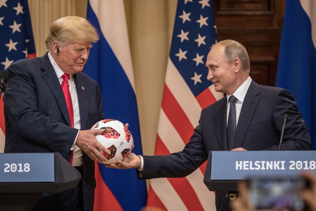 Vladimir Putin with Donald Trump during a joint press conference in Helsinki, Finland on July 16, 2018 (Photo by Chris McGrath/Getty Images)
