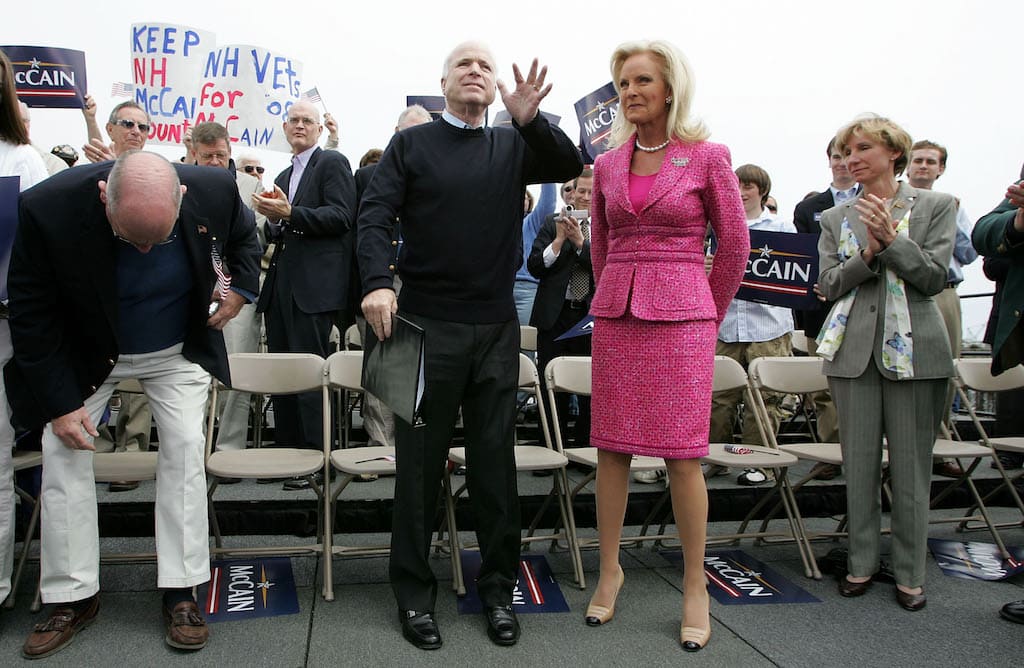 John and Cindy McCain in the year 2007, when McCain announced his second presidential run. (Image Source: Justin Sullivan/Getty Images)
